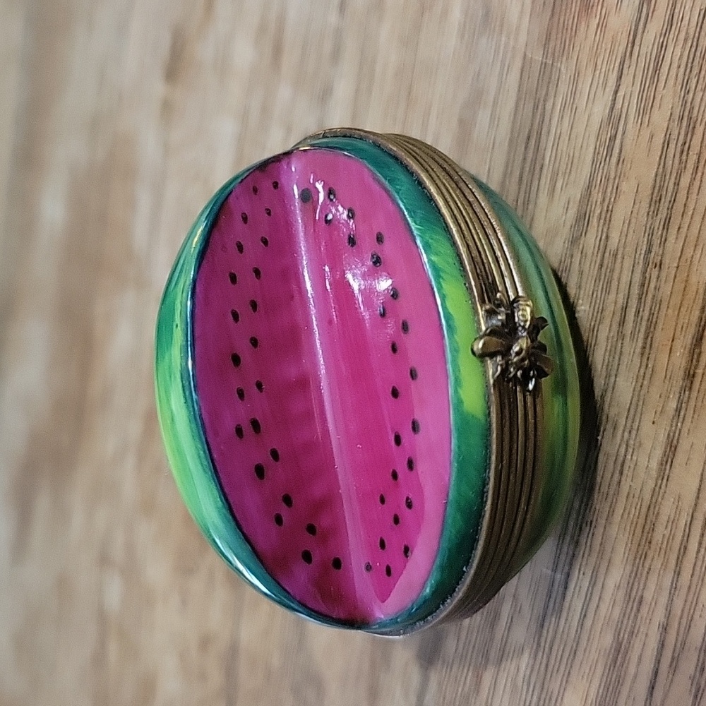 LIMOGES Antique pill box watermelon porcelain French hand painted fruit pill box